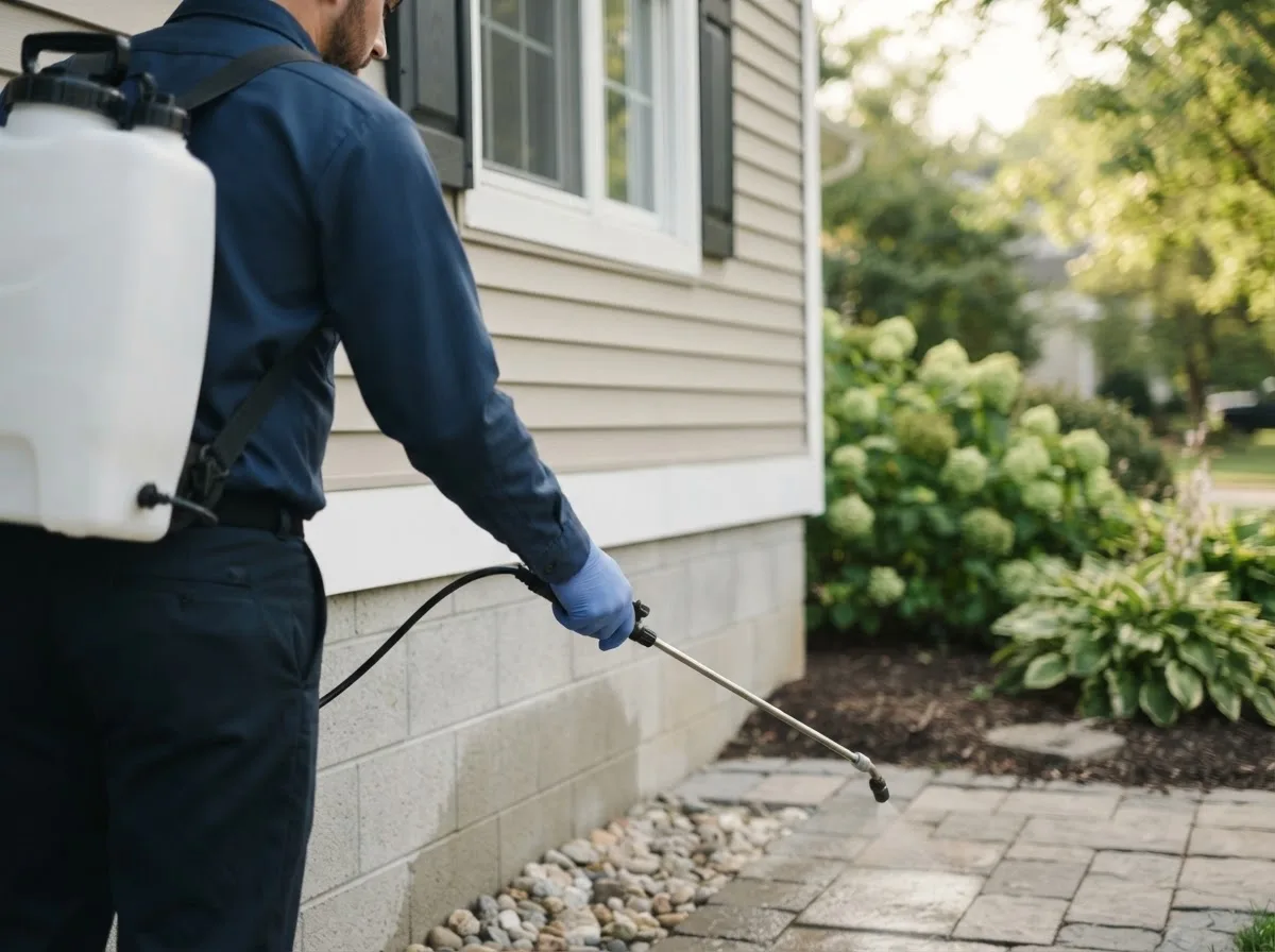 Pest control technician inspecting a home in Runge, TX